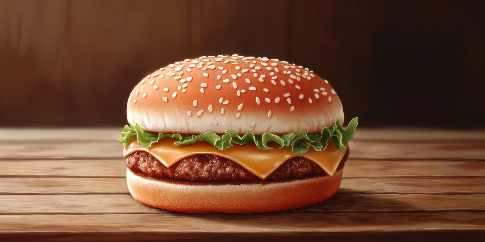 Juicy burger with sesame seeds, lettuce, and cheese on a wooden table ready to be enjoyed